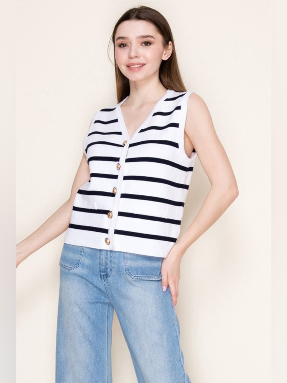 white birch White and Navy Striped Button Front Knit Vest